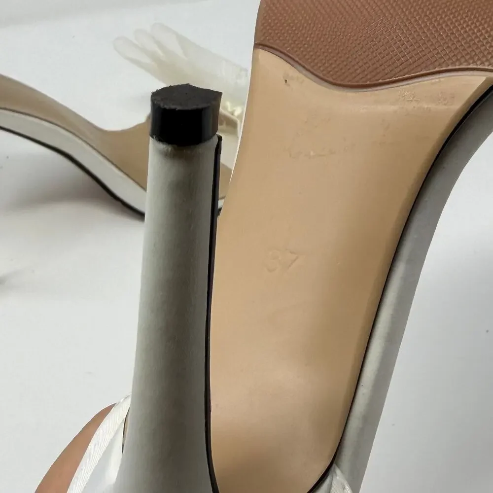 White Satin Bow Ankle Strap Stiletto Heels Size 8